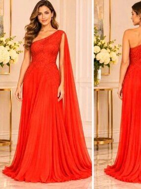 New Fashion Orange Chiffon Beaded Embroidered One Shoulder Gown